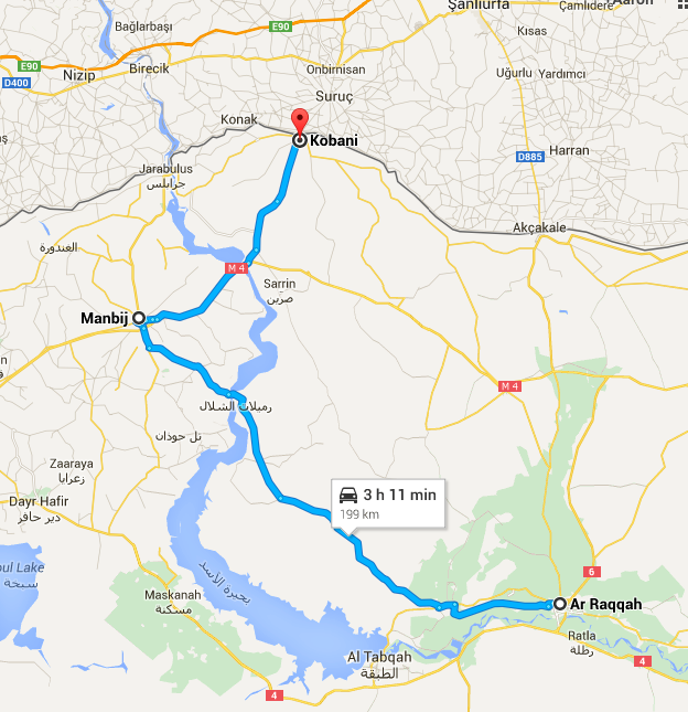 Eine Landkarte von Syrien, die die Strecke von Kobane via Manbidsch nach Rakka, der inoffiziellen Hauptstadt des "IS", anzeigt.