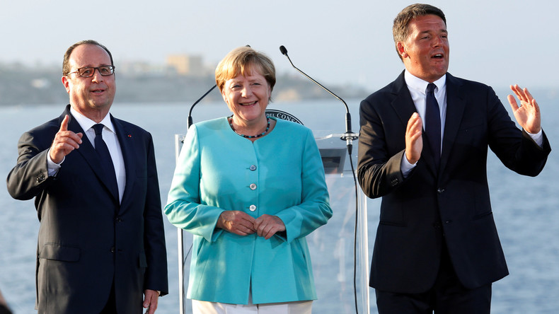 Am Montag trafen sich Merkel, Hollande und Renzi zunächst auf der italienischen Insel Ventotene, dann auf dem italenischen Flugzeugträger "Garibaldi".