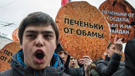 Demonstrationen vor dem Gebäude von Radio Liberty in Moskau, 2015.